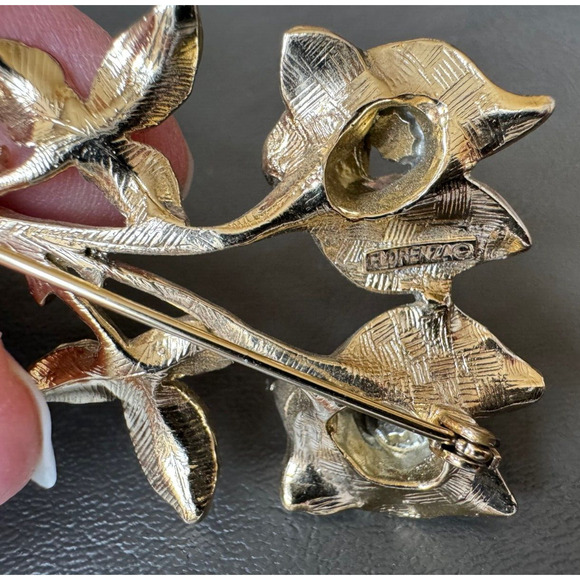 Vintage Florenza Double Rose Silver Enamel on Gold Tone Brooch Pin AB Stones - Picture 4 of 5